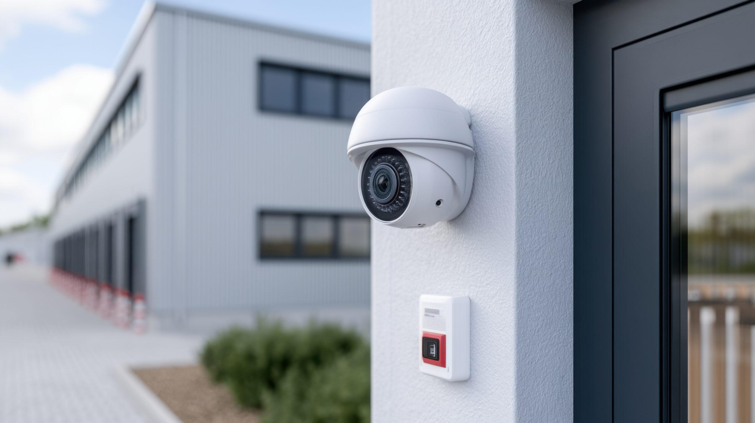 Security camera installed on a wall near a keypad intercom, with a modern building and paved pathway visible in the background