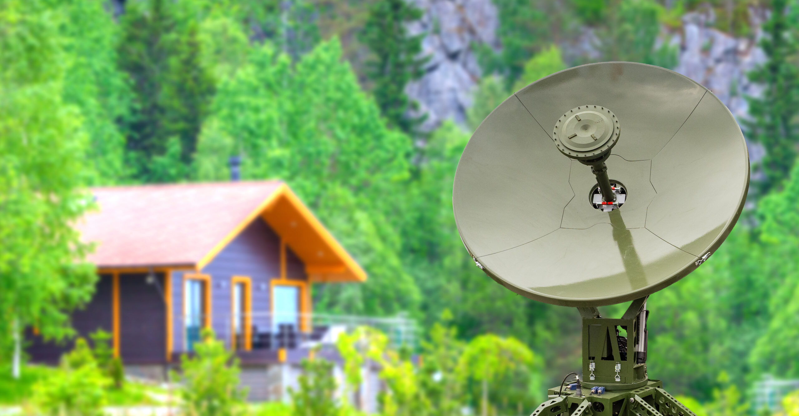 Satellite Internet. Satellite communication antenna provides high speed internet access for remote homes, supporting broadband connectivity in rural locations.