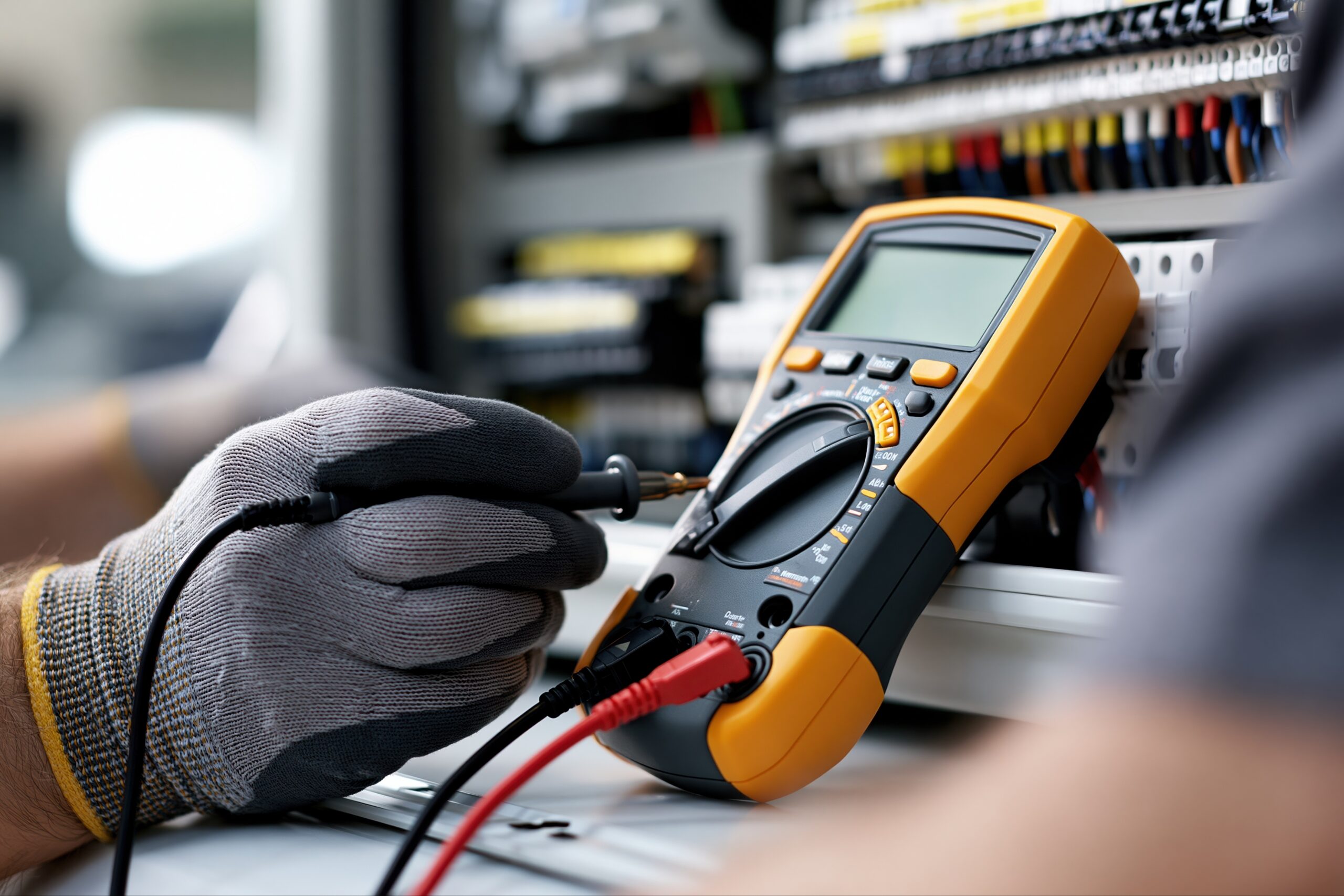 Electrician using a multimeter to test electrical panel wiring and circuit breakers in industrial setting Upscaled with Gigapixel v8.4.4. 2688x1792 => 3494x2329 (1.3x) Model: High Fidelity V2, denoise: 0.01, sharpen: 0.06, decompression: 0.35